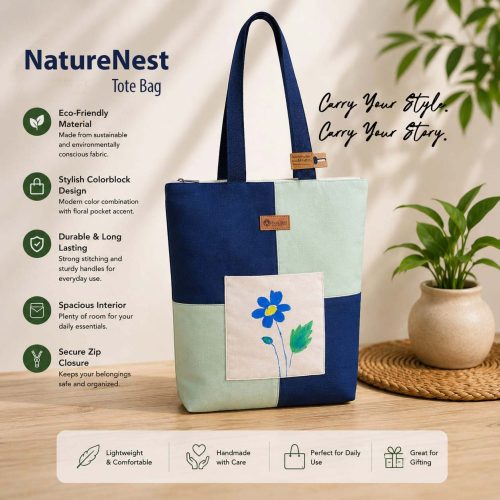 colorblock-tote-bag-front Navy and mint ColorBlock handmade tote bag by EcoDael