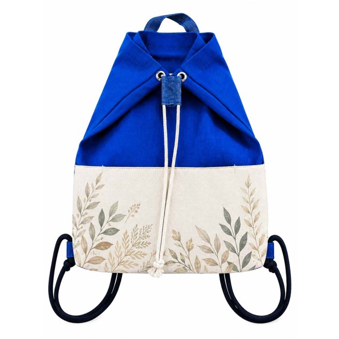 front-side Eco-friendly drawstring backpack made with jute cotton and denim