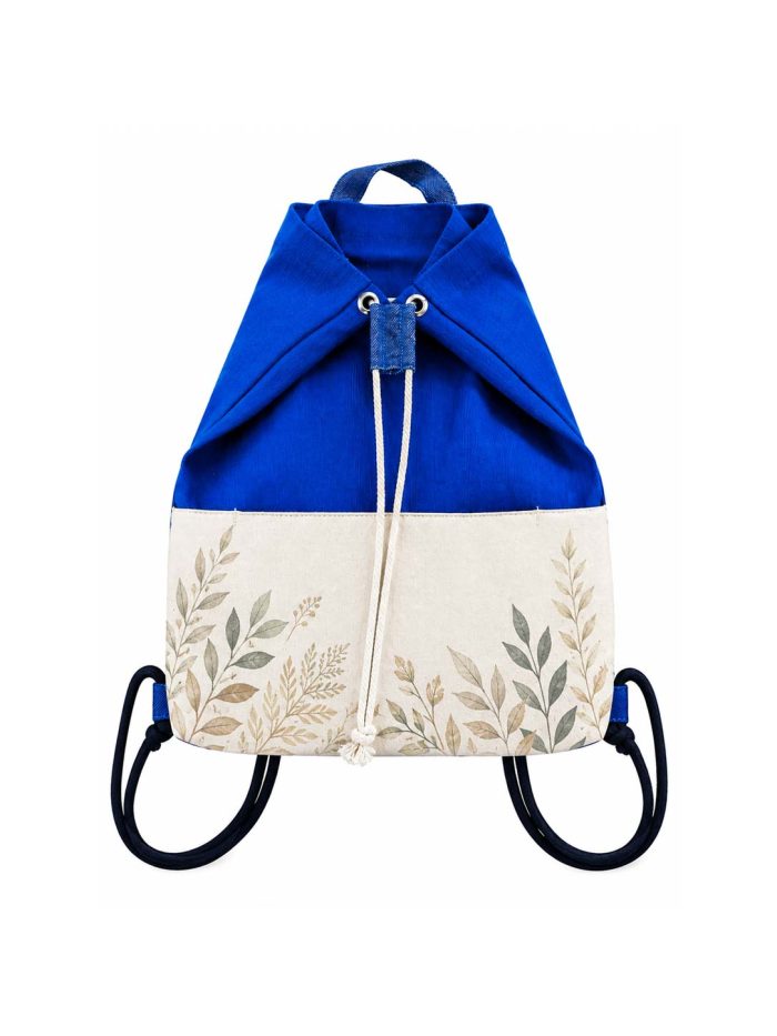 front-side Eco-friendly drawstring backpack made with jute cotton and denim
